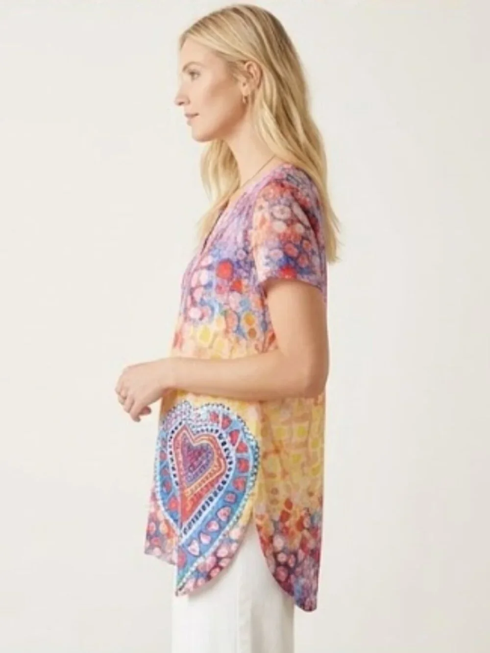 Leoma Lovegrove Multi Color Heart Print Lace Back V-Neck Tunic Blouse Size (M) - Picture 3 of 10